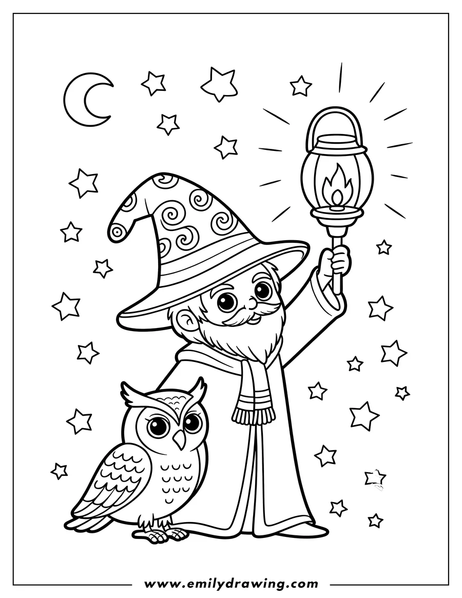 Outline of a cartoon wizard with a long beard and pointed hat, holding up a glowing lantern. A small, wide-eyed owl stands next to him under a starry night sky and crescent moon.