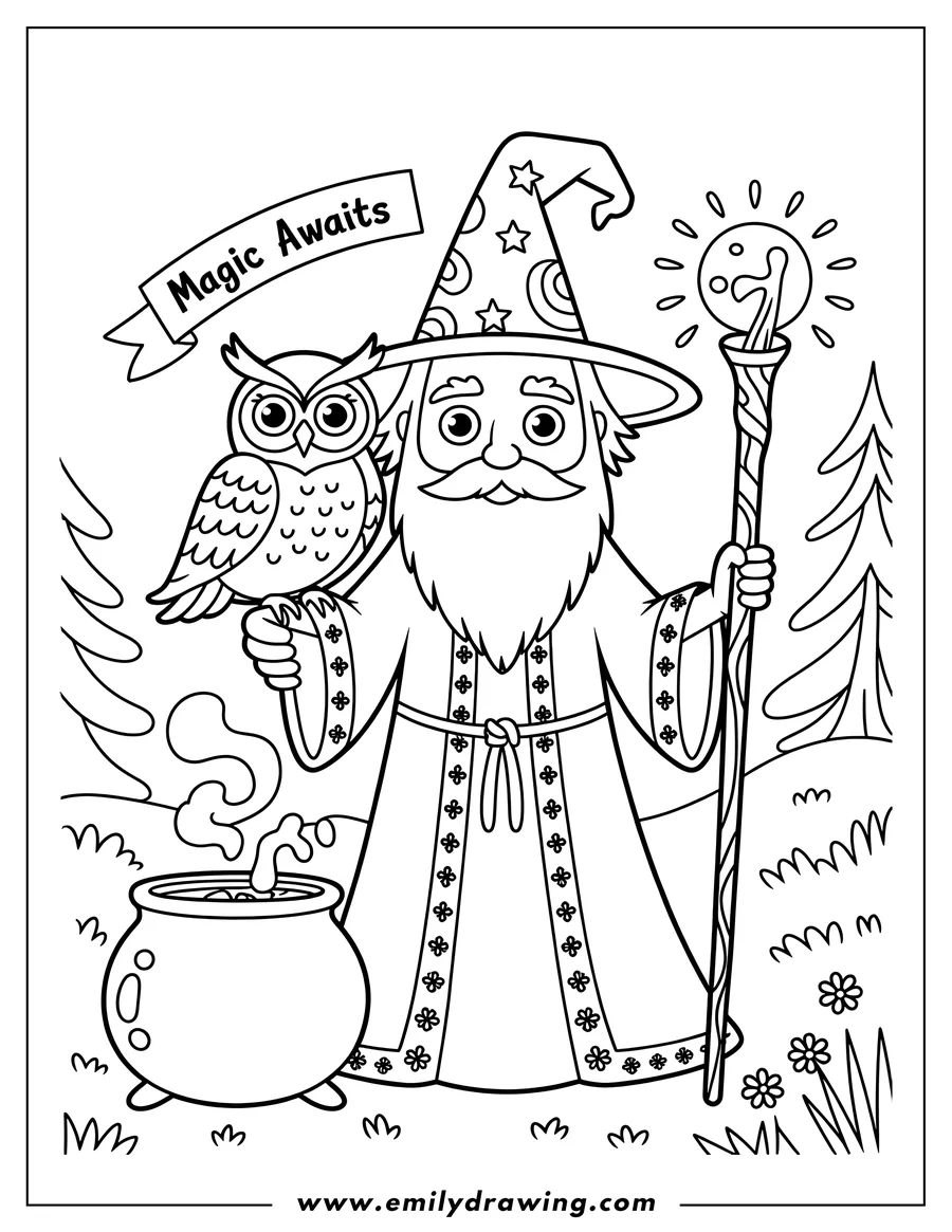 Line art of a cartoon wizard with a long beard and pointed hat, standing in a forest clearing. He holds a glowing staff and has a wise owl perched on his hand beside a steaming cauldron.