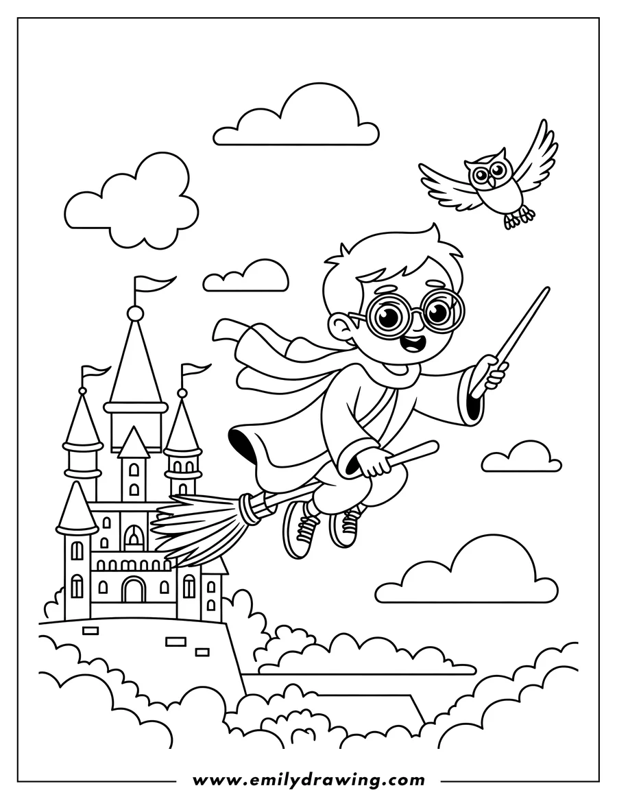 Line art of a wizard boy with glasses flying on a broomstick, holding a magic wand, with an owl flying beside him and a tall castle below, surrounded by clouds.