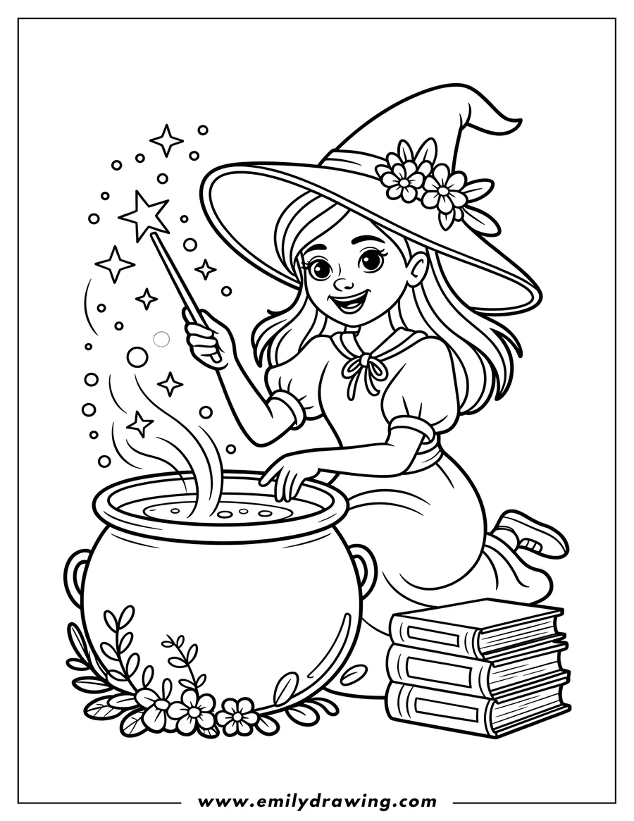 Outline of a friendly wizard girl kneeling by a large cauldron, holding a magic wand that is casting star spells. She wears a wide-brimmed hat, and a stack of spell books rests nearby.