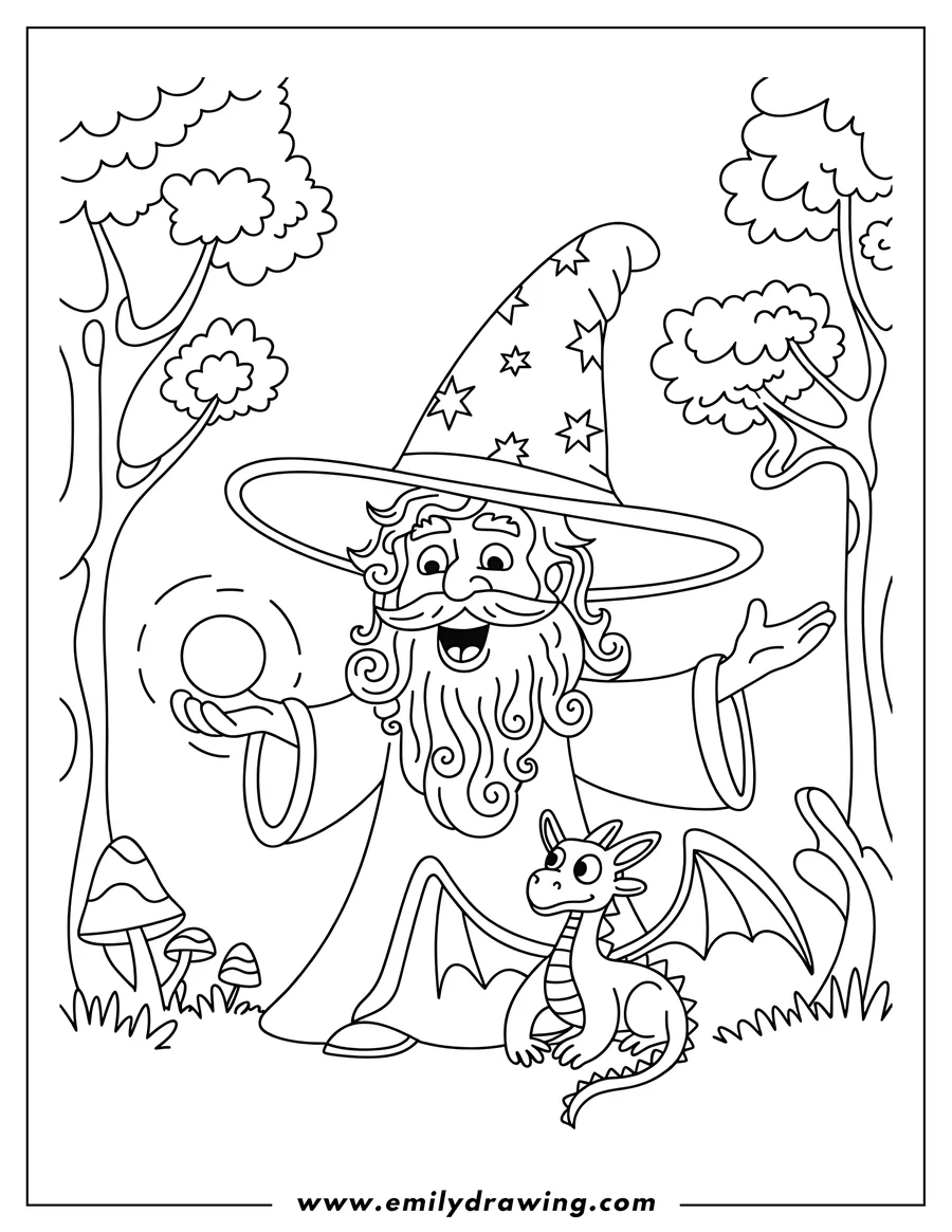 Outline of a cheerful wizard in a starry hat holding a magic orb, accompanied by a small winged dragon in a forest.