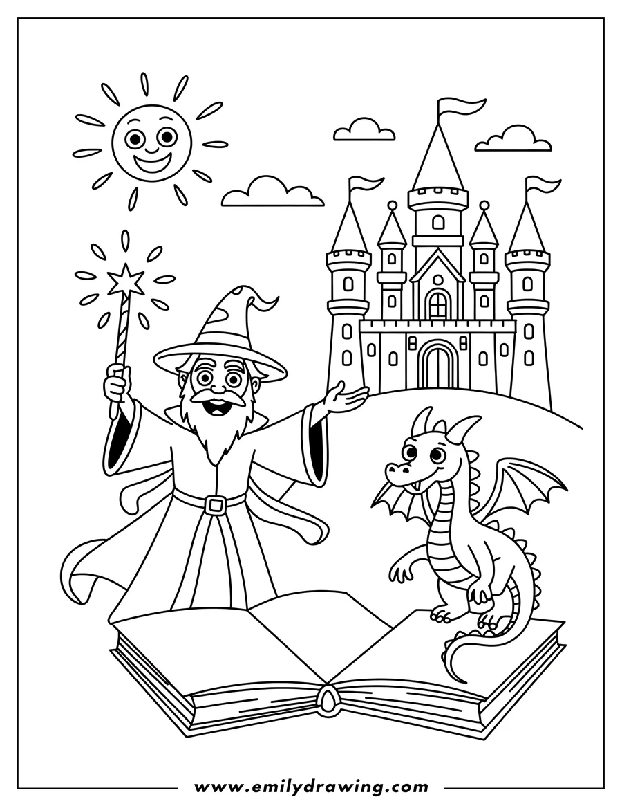 Line art showing a smiling wizard holding a magic wand next to a friendly baby dragon. They are standing on the pages of a large open book. A medieval castle and a smiling sun are visible in the background.