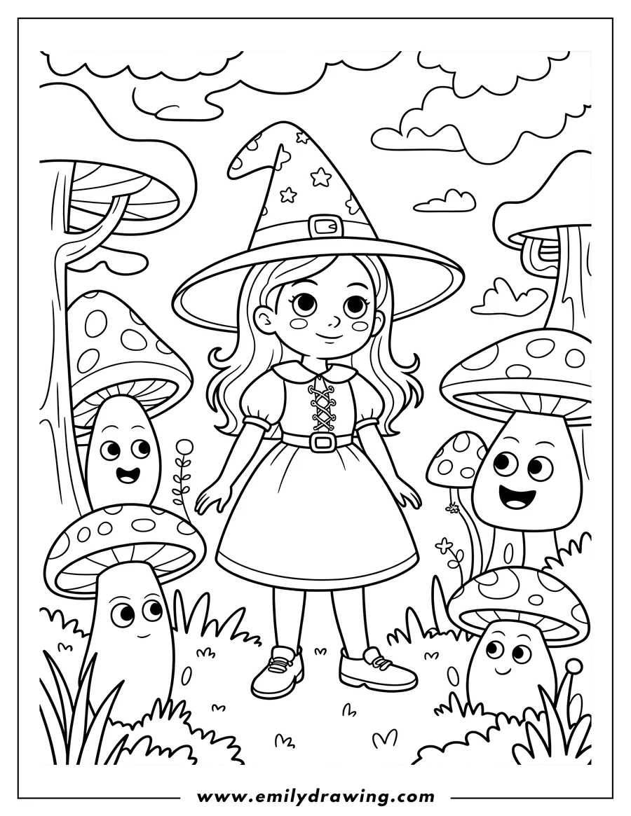 Line art of a young wizard girl wearing a star-patterned pointed hat and a belted dress, standing among several large, smiling, anthropomorphic mushrooms in a whimsical woodland setting.