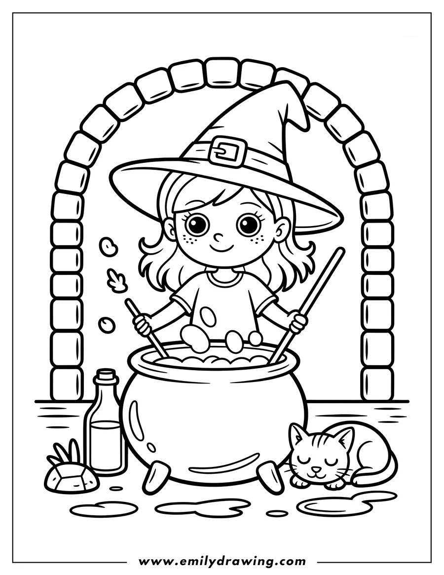 Outline of a happy wizard girl wearing a pointed hat, stirring a bubbly potion in a large cauldron. A small, striped cat is sleeping peacefully next to the pot under a stone archway.