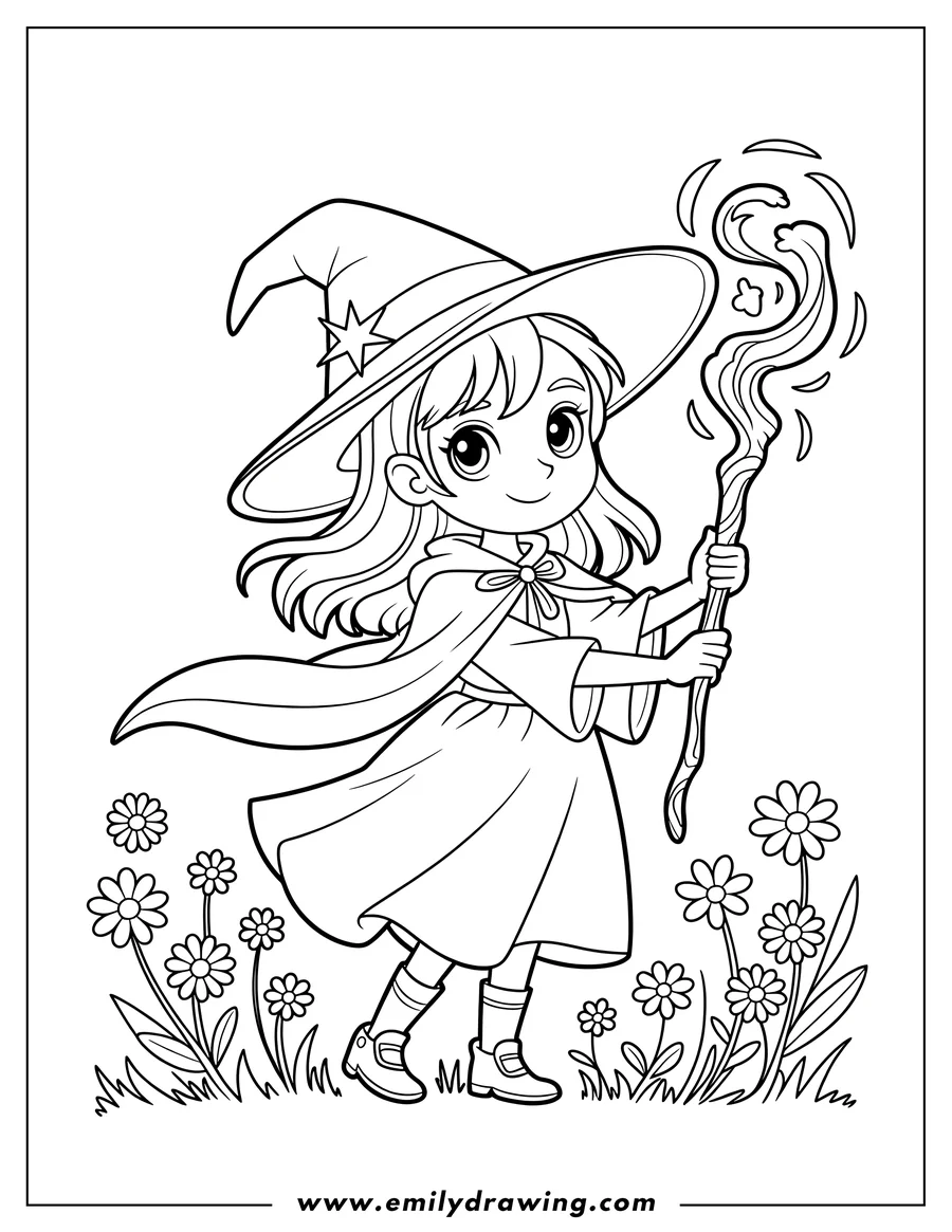 Line art of a smiling young wizard girl wearing a pointed hat and cloak, holding a glowing, winding magic staff while standing among tall daisy flowers.