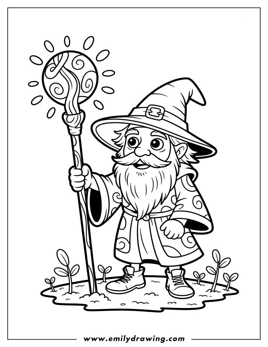 Line art of a cartoon wizard with a long beard and a pointed hat, holding a tall staff topped with a glowing, swirling magic orb. The wizard is standing among small plants.