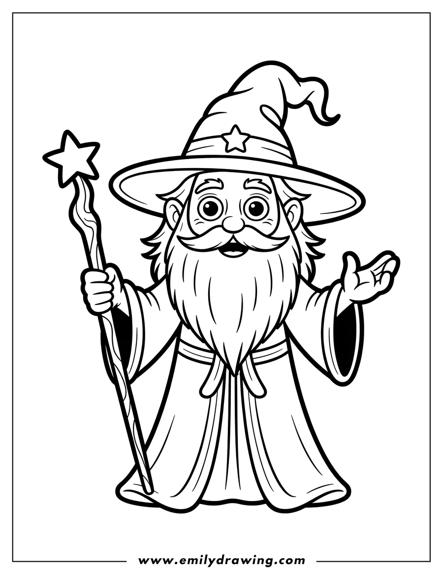 Line art of a friendly cartoon wizard wearing a pointy hat and long robes, holding a staff topped with a star wand.