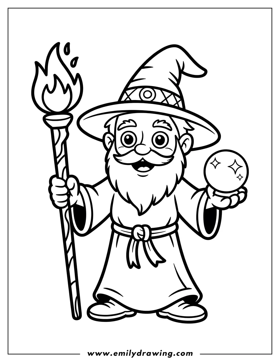 Line art of a cartoon wizard with a long beard and pointy hat, holding a flaming torch in one hand and a sparkling crystal ball in the other.