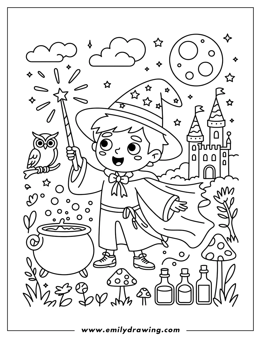 Line art of a cheerful young wizard in a star hat and cape, holding a sparking magic wand. An owl is perched nearby, next to a boiling cauldron and a fantasy castle in the background.