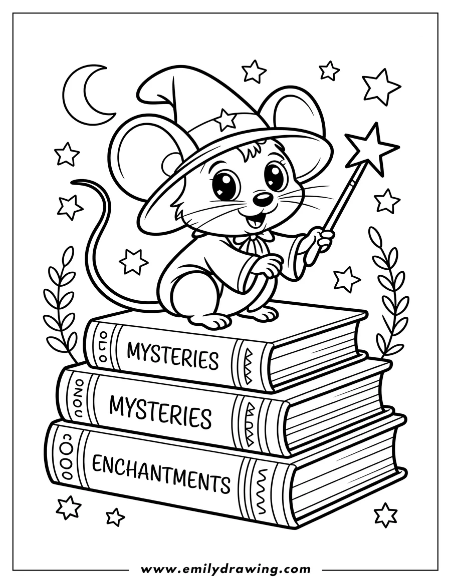 Line art of a cartoon mouse dressed in wizard robes and a pointed hat, holding a star wand while sitting atop a stack of three large spellbooks.