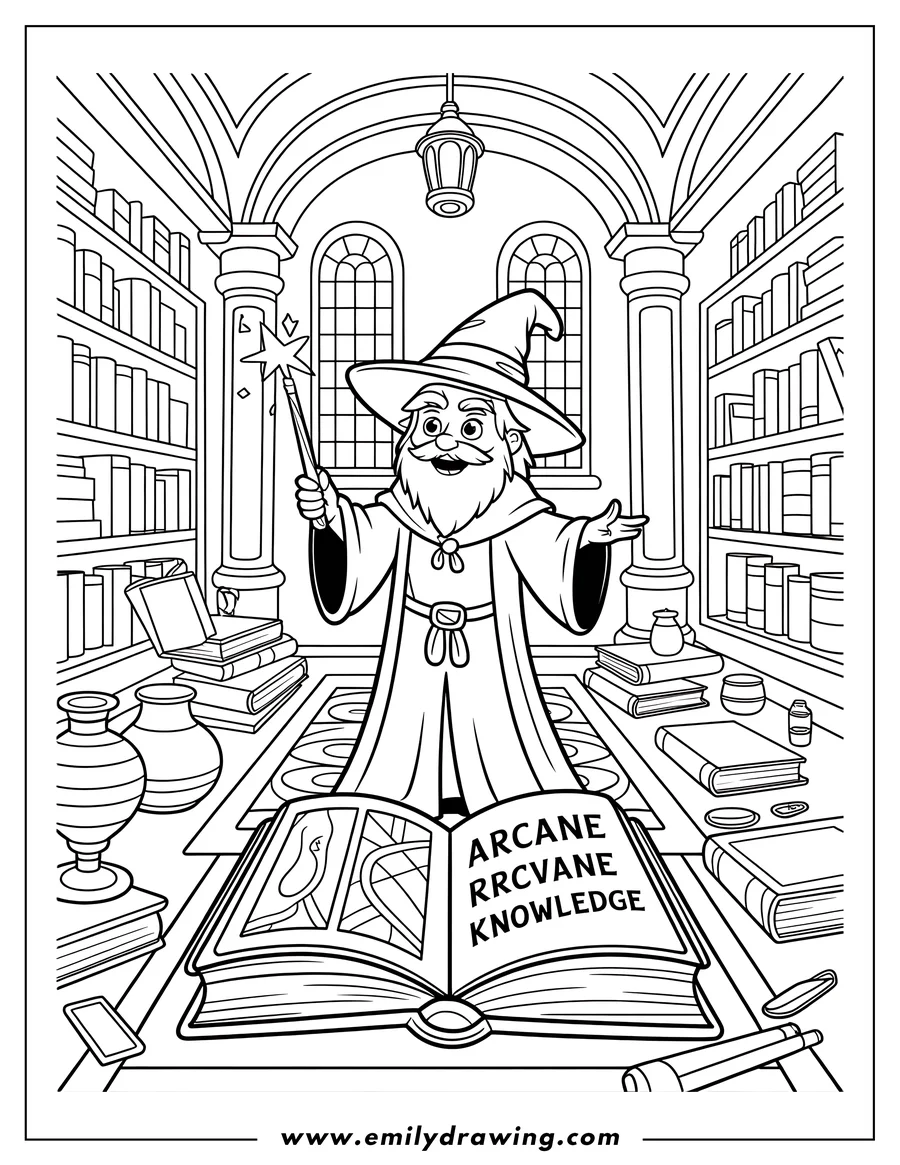 Outline of a friendly wizard with a long beard and pointed hat, holding a star-tipped wand while standing in a detailed, vaulted library surrounded by bookshelves and stacks of books. An open spellbook is visible in the foreground.