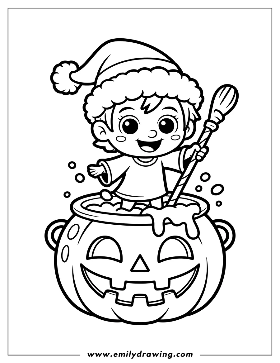 Outline of a smiling cartoon wizard or witch wearing a fuzzy cap, standing in a bubbling potion inside a large jack-o'-lantern cauldron and stirring the mixture with a stick.