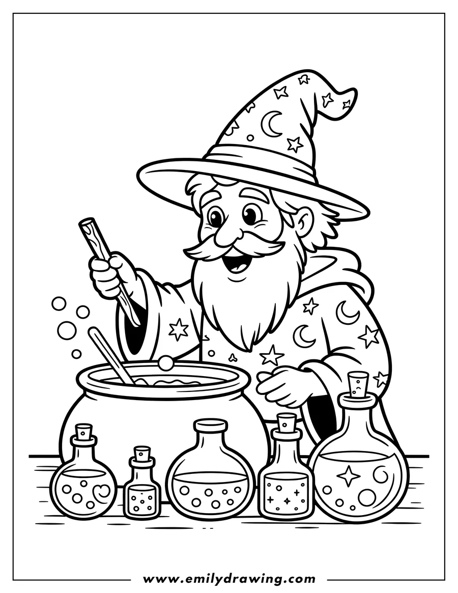 Line art of a cartoon wizard with a long beard and a pointed hat, smiling while stirring a bubbling potion in a large cauldron, with five small potion bottles lined up on the table.