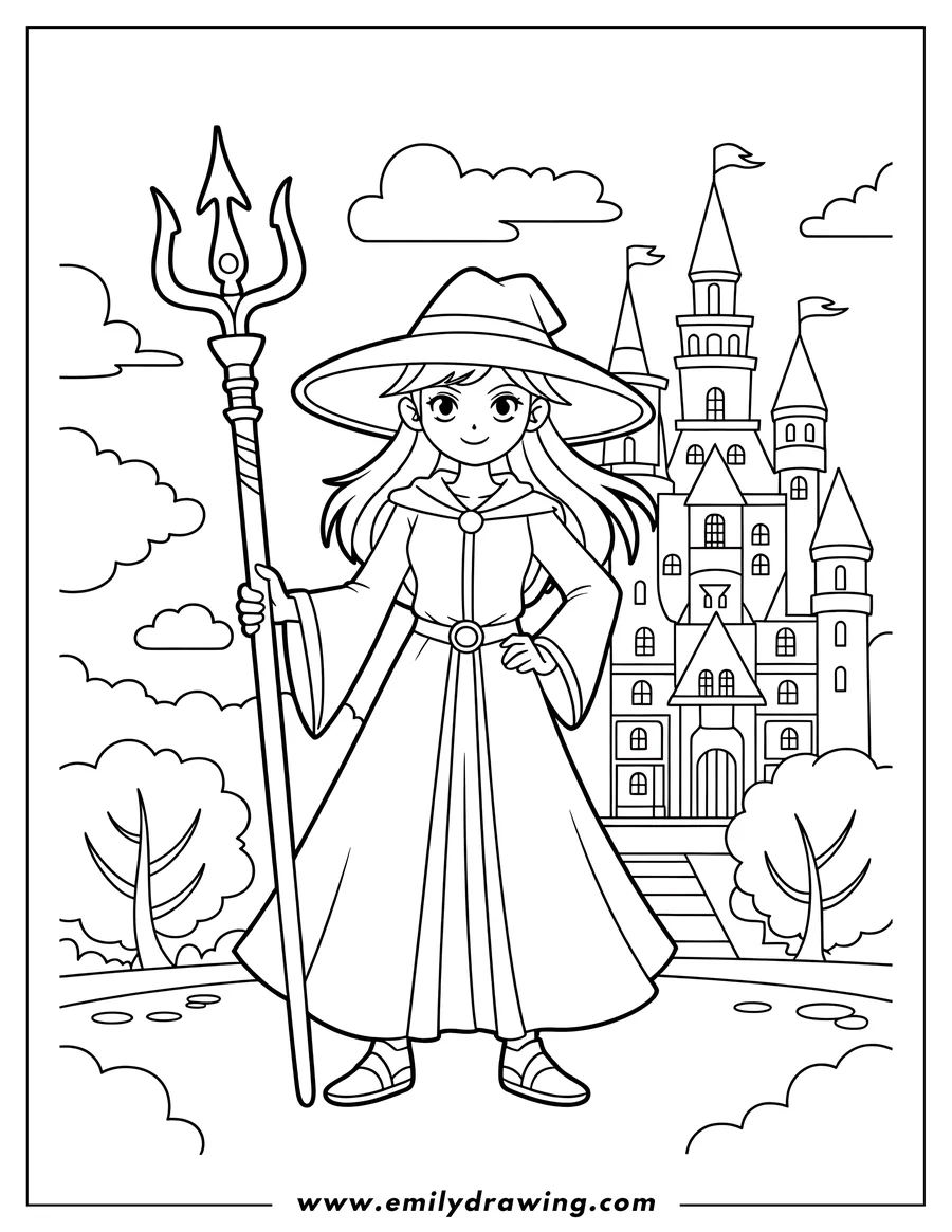 Outline of a young wizard or sorceress wearing a wide-brimmed hat and long robes, holding a large trident staff while standing in front of a grand fairytale castle.