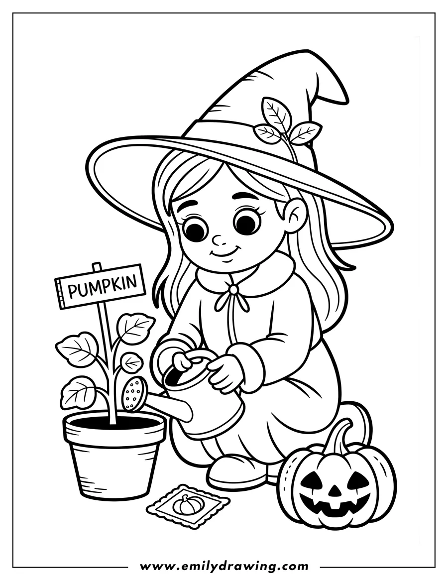 Outline of a cute wizard girl in a large hat kneeling to water a potted pumpkin plant with a sign. A smiling jack-o'-lantern and a packet of pumpkin seeds are shown on the ground.