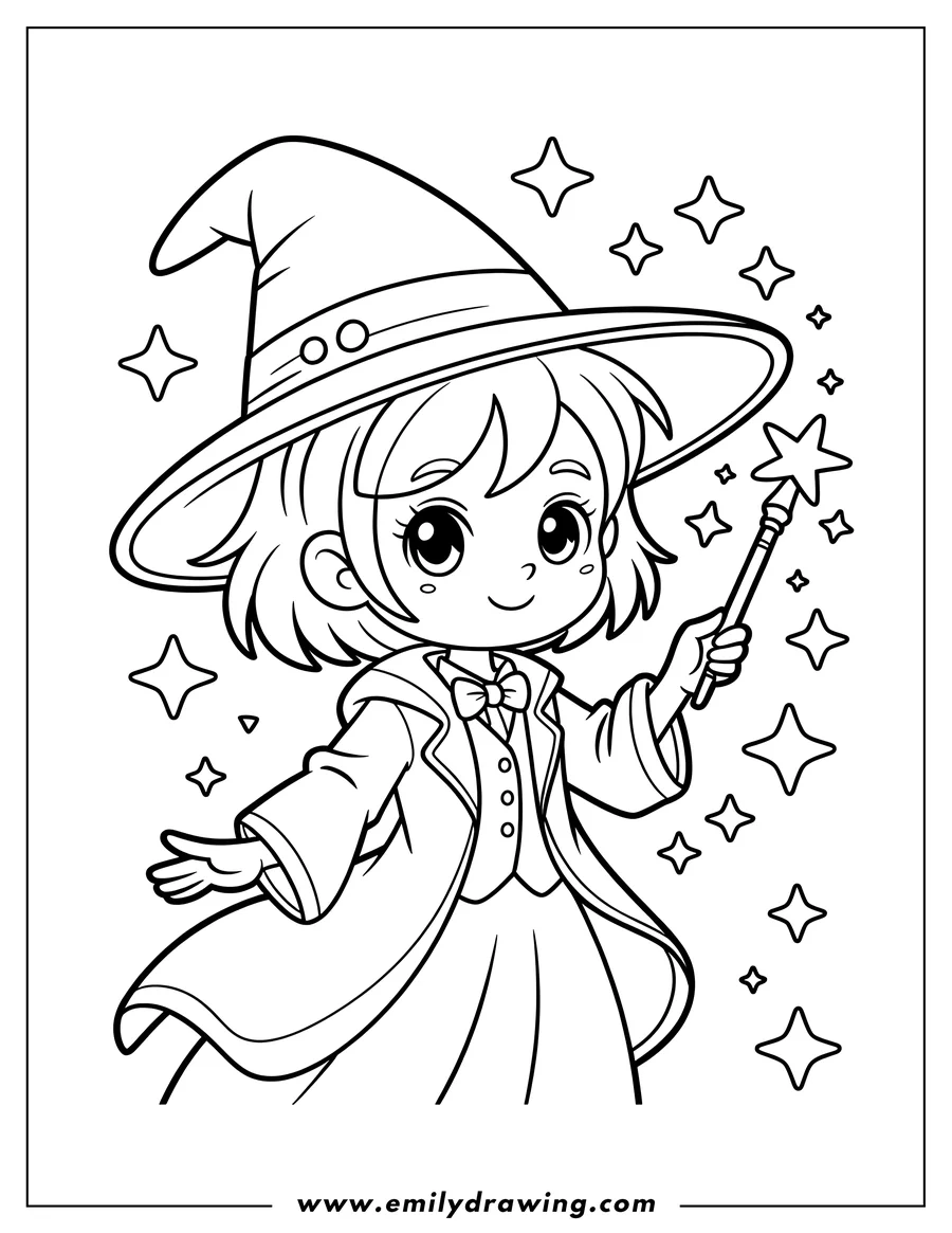 Outline of a cute chibi wizard wearing a pointy hat and robe, waving a magic wand surrounded by sparkling stars.