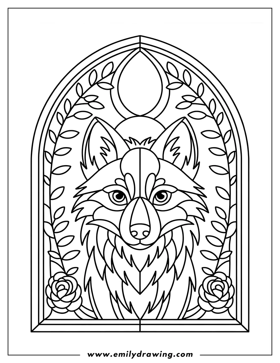 Line art of a wolf's face in a stained glass window, framed by leaves, vines, and roses with a crescent moon detail at the top.