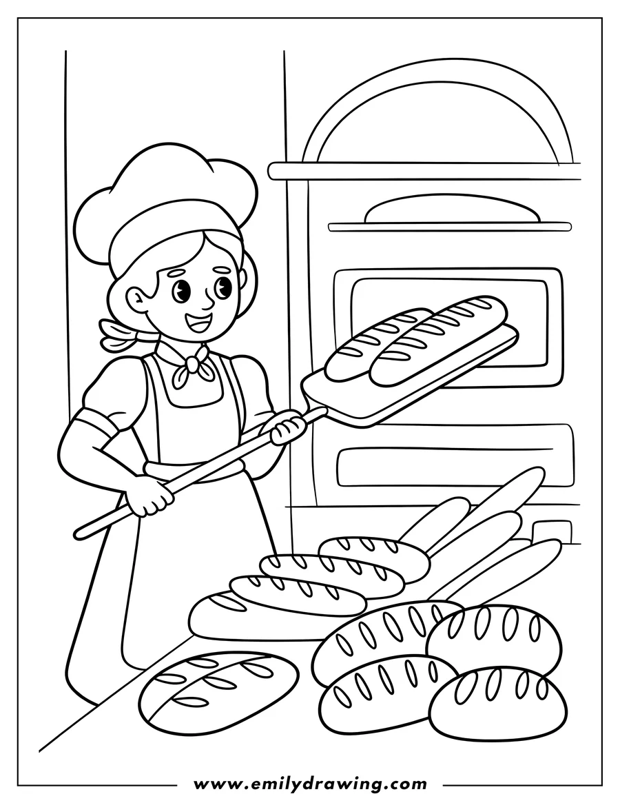 Line art of a cheerful woman baker wearing a chef hat and apron, using a long wooden peel to remove two loaves of bread from a traditional oven. Many different types of baked bread are piled up on the counter.