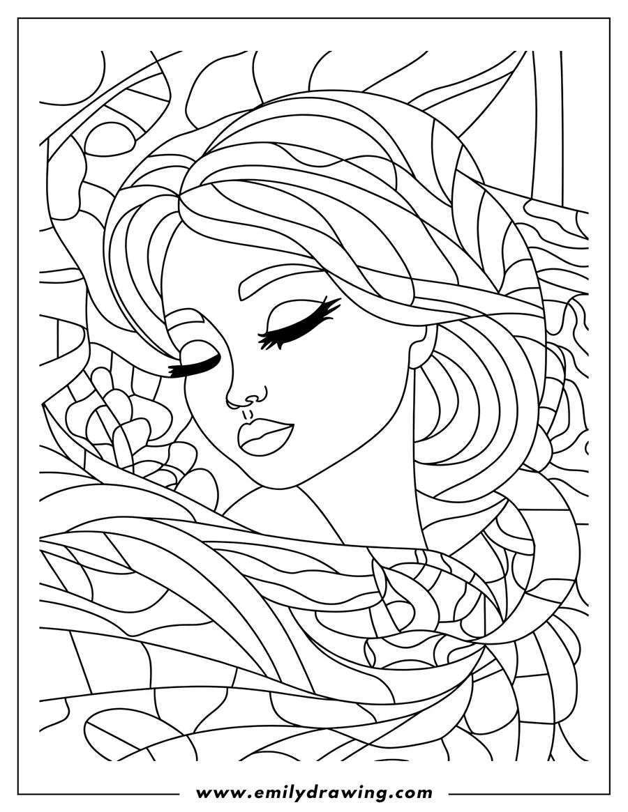 Line art of a woman with her eyes closed, surrounded by a stained-glass style pattern.