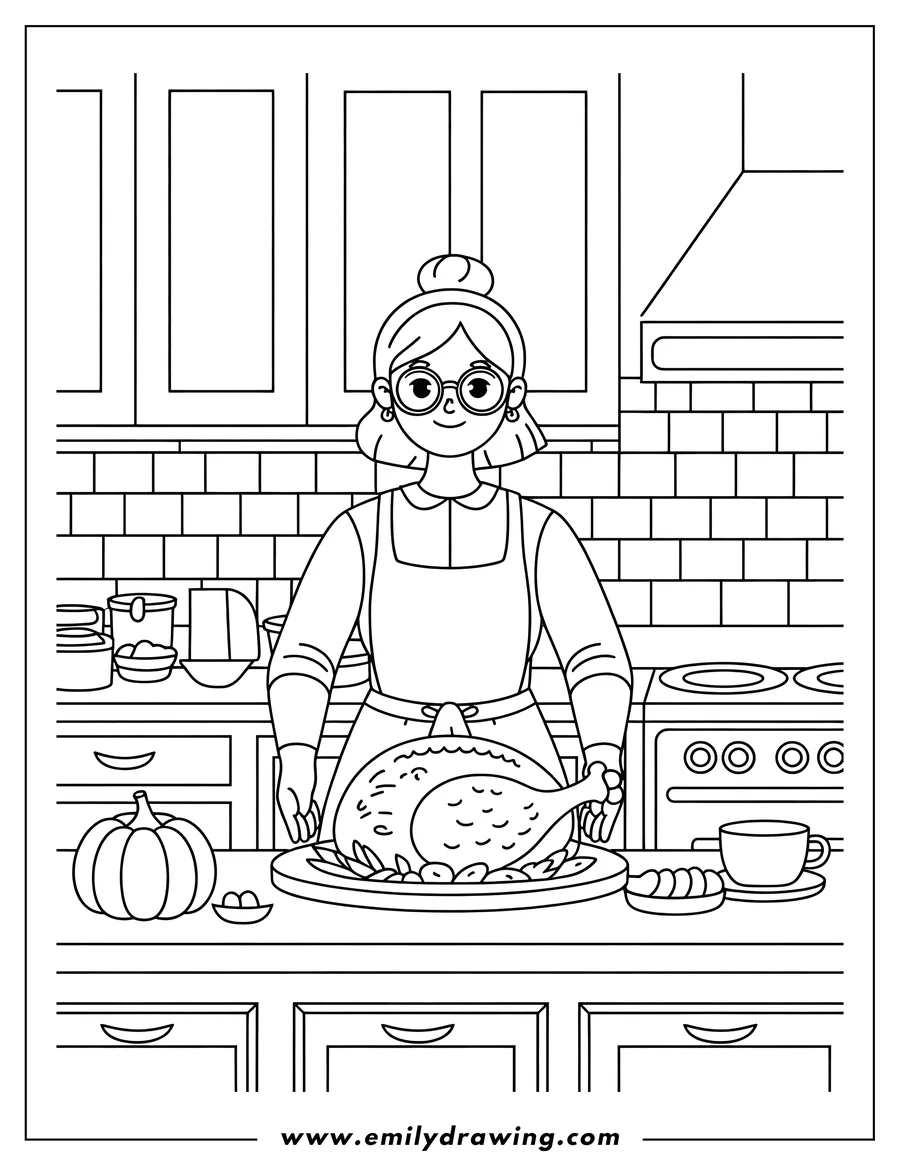 Outline of a woman wearing an apron and glasses, making a Thanksgiving turkey in the kitchen.