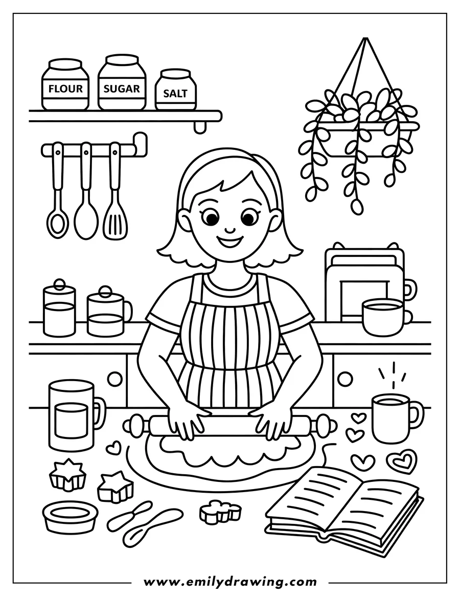 Outline of a happy woman wearing a striped apron rolling dough with a rolling pin on a kitchen counter. Baking ingredients like flour, sugar, and salt jars are visible, alongside cookie cutters, utensils, and an open recipe book.