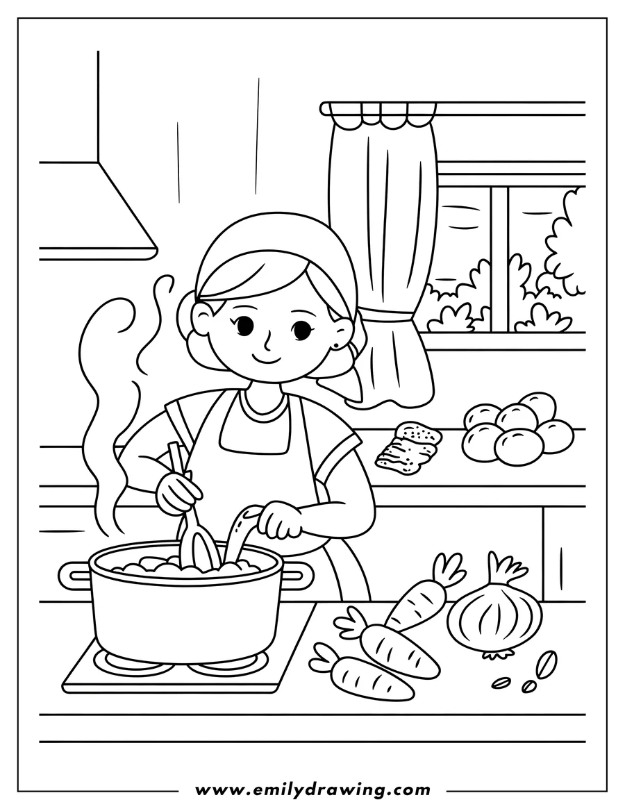Line art of a woman wearing an apron stirring a steaming pot on a stovetop in a kitchen. Fresh ingredients including carrots, an onion, and eggs are laid out nearby.