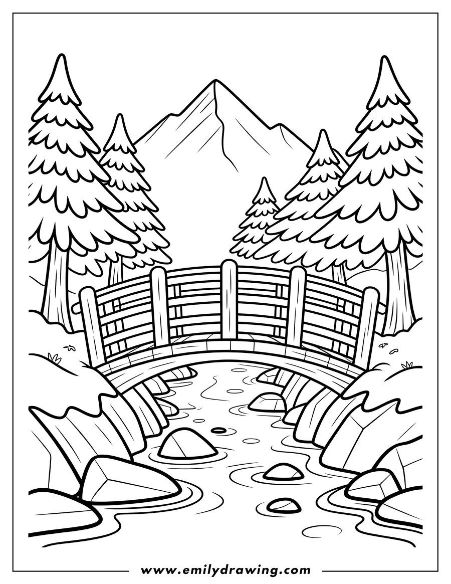 Line art of a wooden bridge spanning a flowing river with large rocks, surrounded by evergreen trees and a majestic mountain in the background.