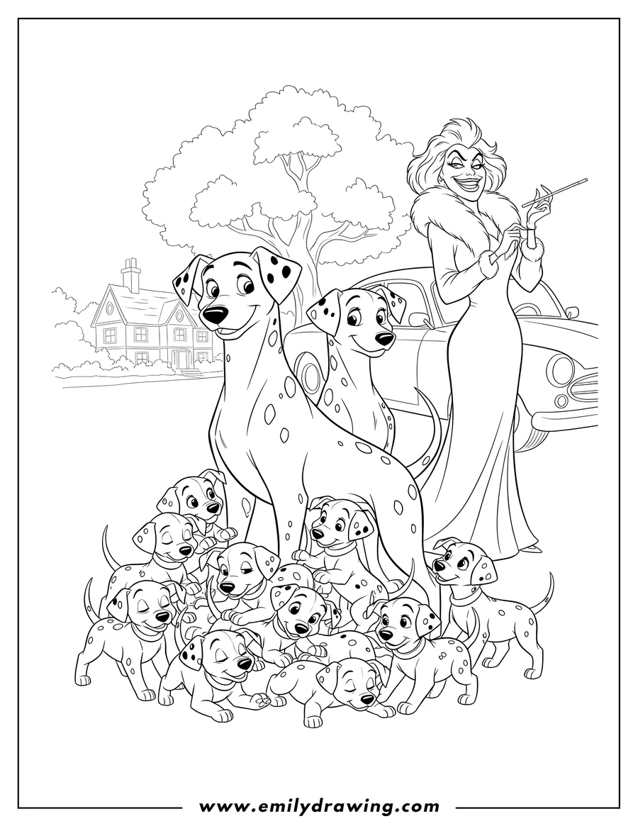 Black and white line art of 101 Dalmatians Disney: Pongo, Perdita, puppies, and Cruella De Vil