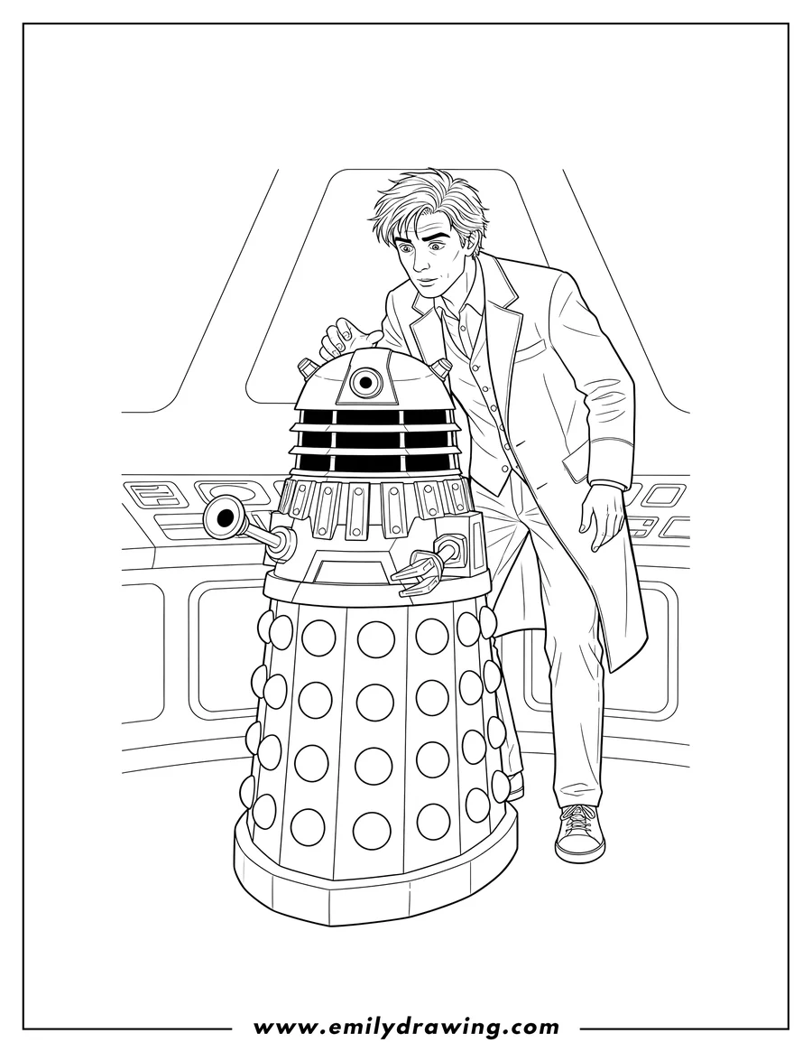 Coloring page of 10th Doctor leaning over a Gold Dalek with its plunger arm extended