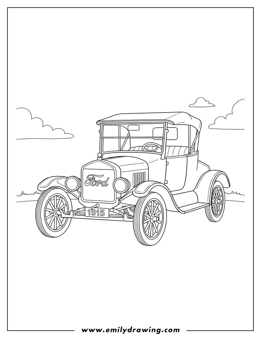 Free printable coloring sheet of 1915 Ford Model T Coupelet with Ford on the grille and 1915 on the license plate