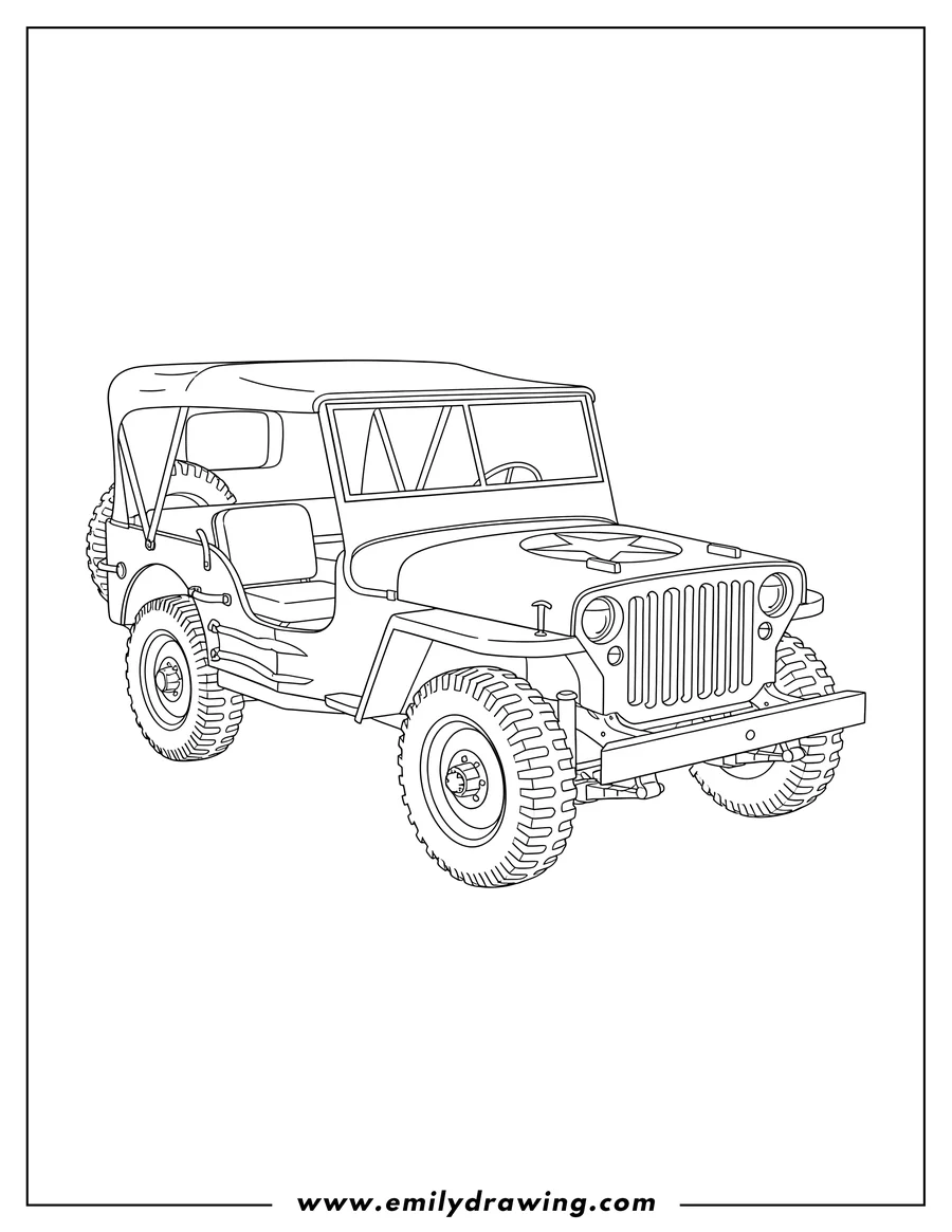 Coloring page of 1940S Military Jeep with a star on the hood and canvas top