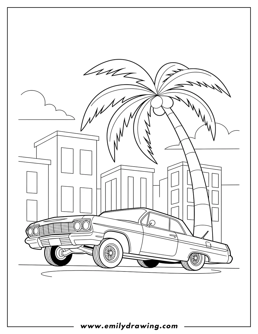 Outline drawing of 1964 Chevrolet Impala Lowrider cruising with a palm tree in a city