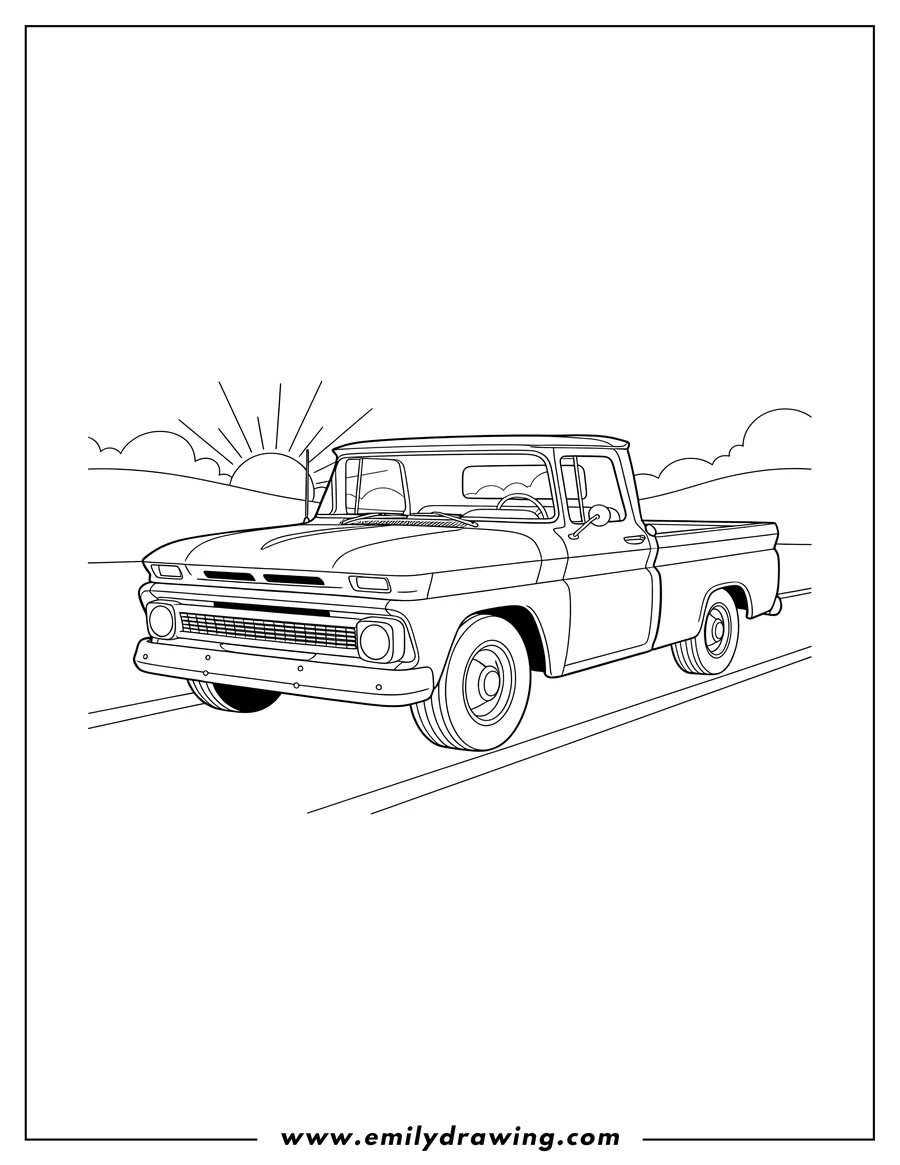 Coloring page of 1966 Chevy C10 Pickup, angled view, driving on a road