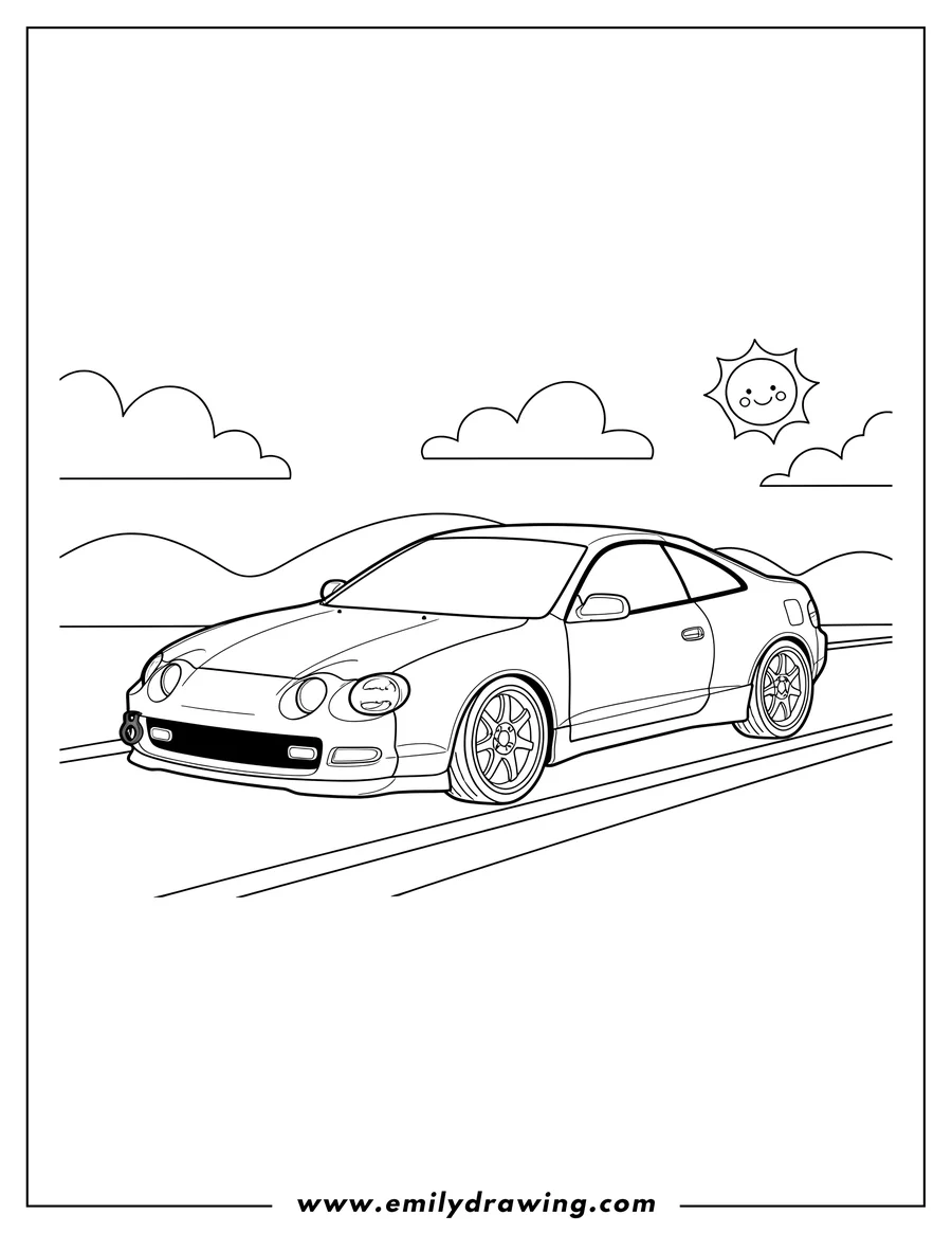 Downloadable coloring page of 1998 Toyota Celica On Road, with custom wheels and a tow hook