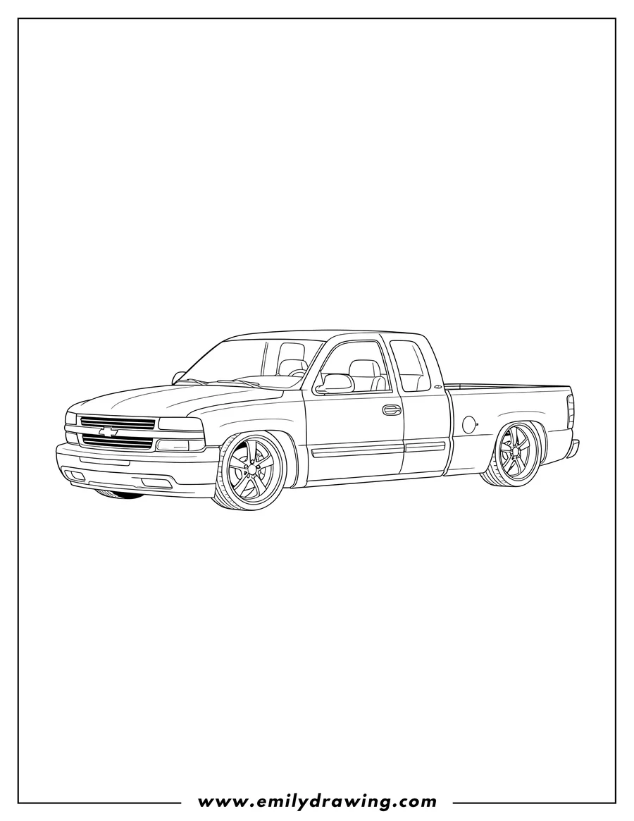 Clean line drawing: 1999 Chevrolet Silverado, lowered, with custom wheels