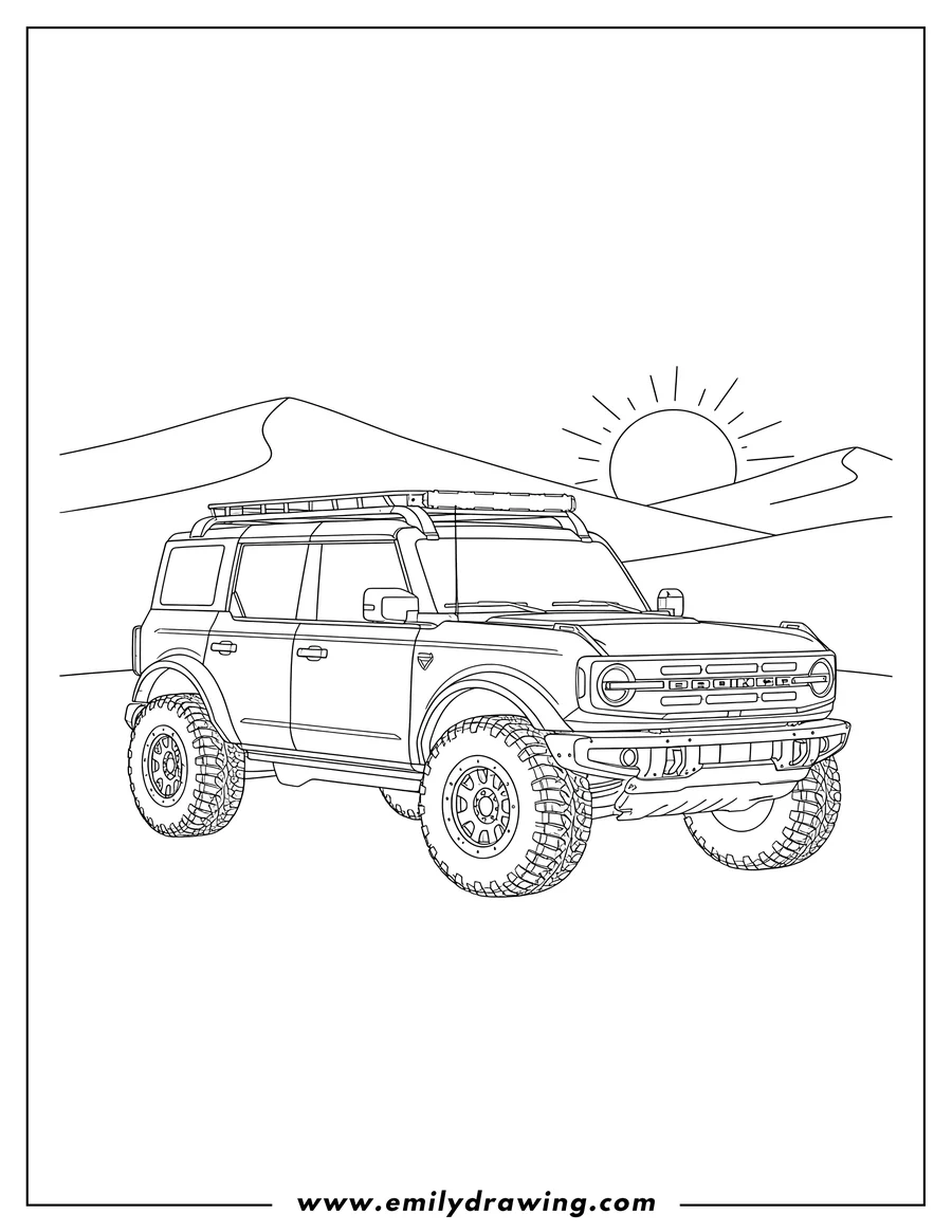 Printable coloring page of 2021 Ford Bronco Desert, 4-door, with roof rack