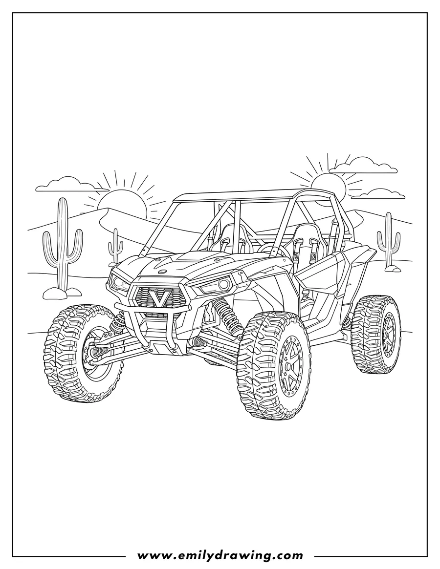 Printable coloring page of 2025 Viking Motorsports side-by-side UTV with four seats and a roll cage, desert coloring page