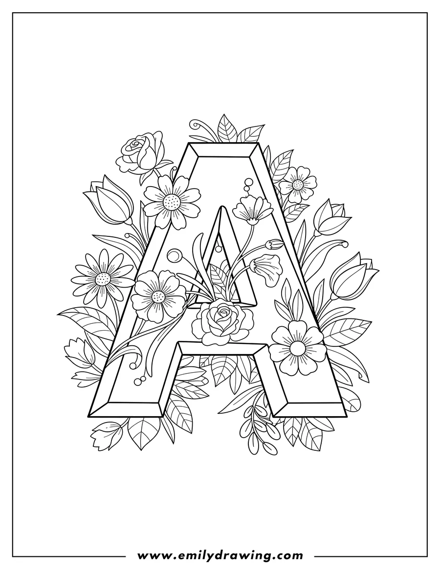 Downloadable coloring page of 3D geometric letter A with flowers and leaves