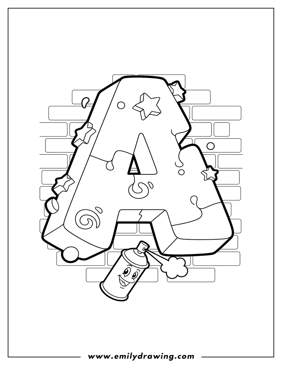Full page coloring image of [Refined Scene]: 3D Letter A Graffiti