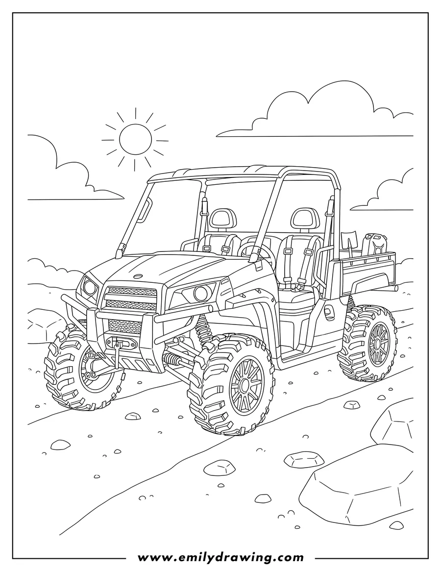 High quality printable coloring page of a 4 Seater Crew Cab Utility Utv With Cargo Bed with rugged tires for coloring