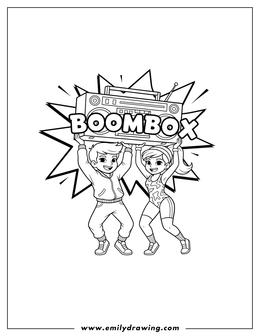 Clean line drawing: 80s dancers lifting a giant boombox with BOOMBOX written in a comic style burst