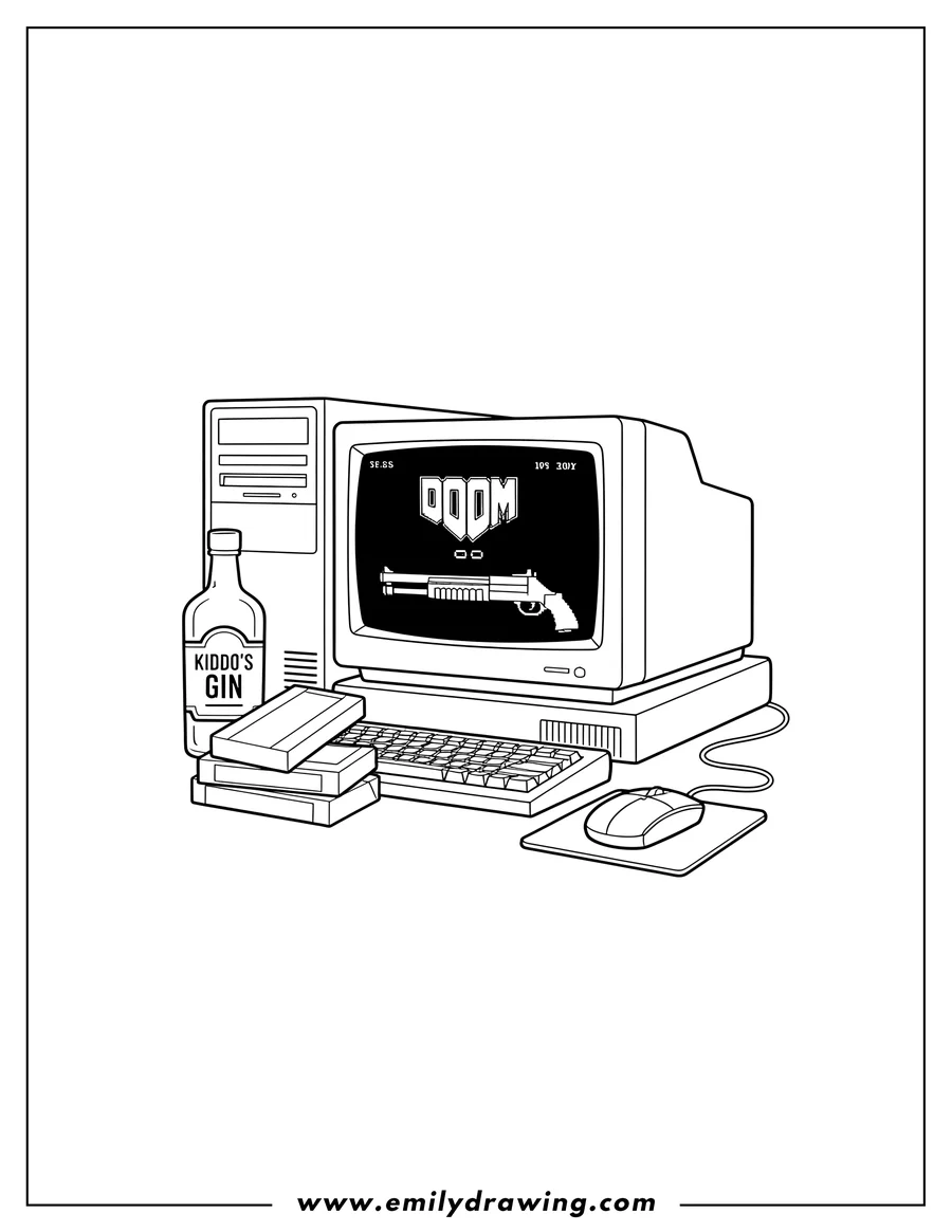 Free printable coloring sheet of 80S Desktop Computer with DOOM on screen, a gin bottle, VHS tapes, and a wired mouse