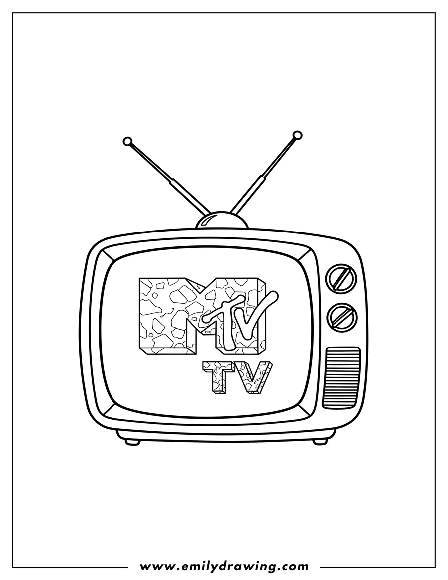 Vector style outline of 80S retro television set with rabbit ear antennas displaying the classic MTV logo