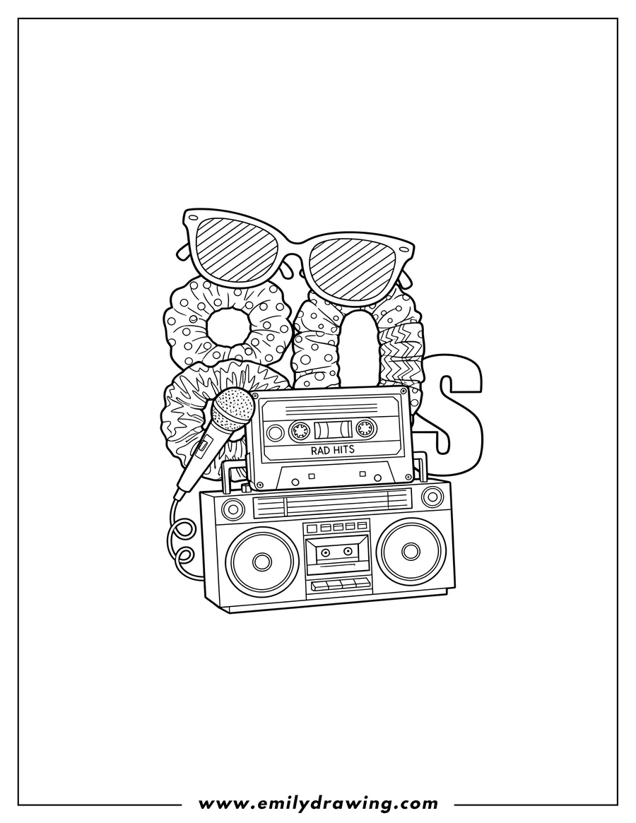 Coloring sheet featuring 80s scrunchies, striped sunglasses, a cassette tape, a wired microphone, and a boombox