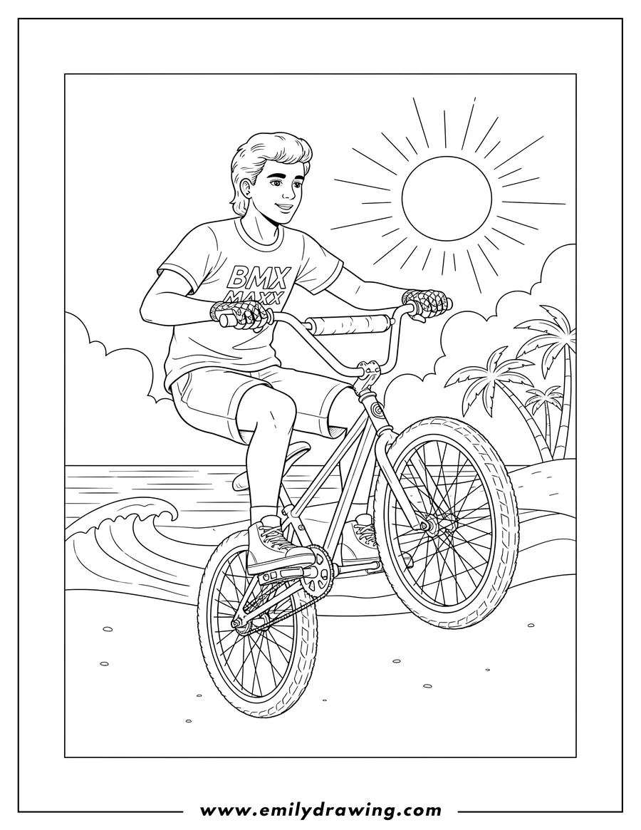 PDF style coloring page: 80s teen riding a BMX bike with a BMX shirt by the beach