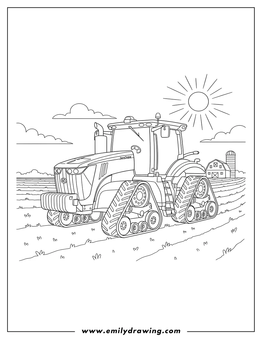 Coloring page of john Deere 8Rx tracked tractor in a field