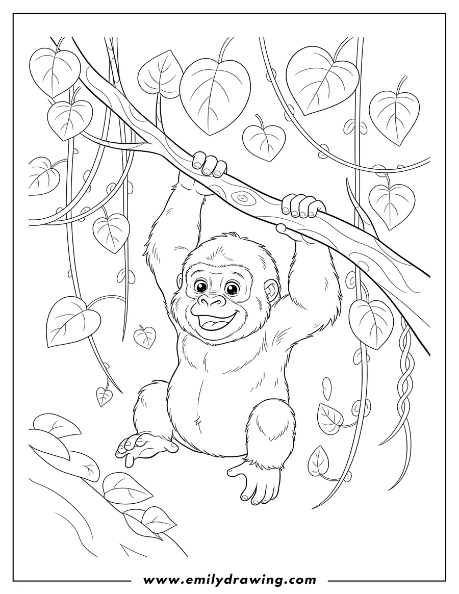 Free printable coloring sheet of A baby gorilla hanging from a tree branch in the jungle