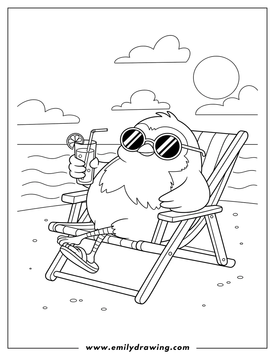High quality printable A chill robin sitting in a striped deck chair with sunglasses and a cold drink for coloring