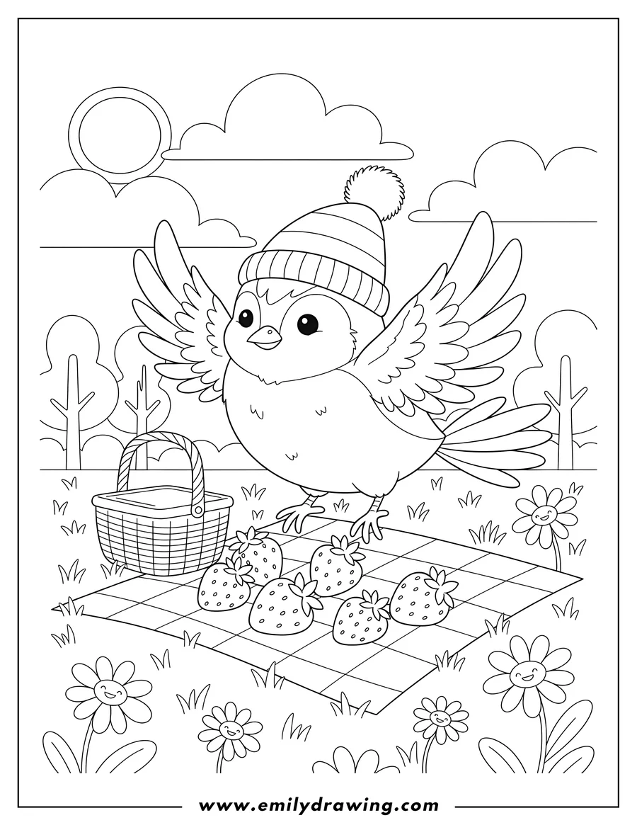 High quality printable A cute bird in a striped pompom hat with wings spread, landing on a picnic blanket with sweet summer strawberries in a sunny garden for coloring
