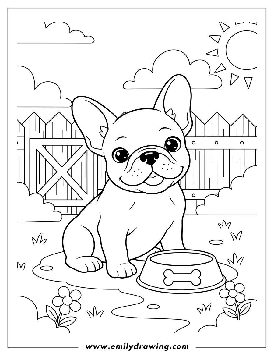 High quality printable A cute French Bulldog puppy sitting in a backyard with a dog bowl for coloring